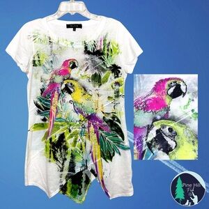 B.L.E.U. Parrot Top T-Shirt Size Small Jeweled Bling Handkerchief Hem Semi-sheer